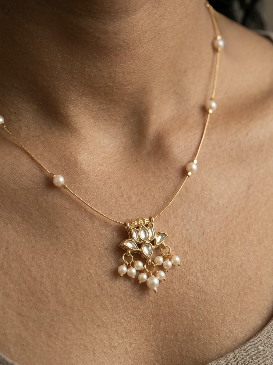 Handcrafted Kundan Lotus Pendant Necklace with Seed Pearl Wire Chain - Image 3