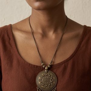 Antique Brass-Plated Statement Medallion Necklace with Floral Design & Charms