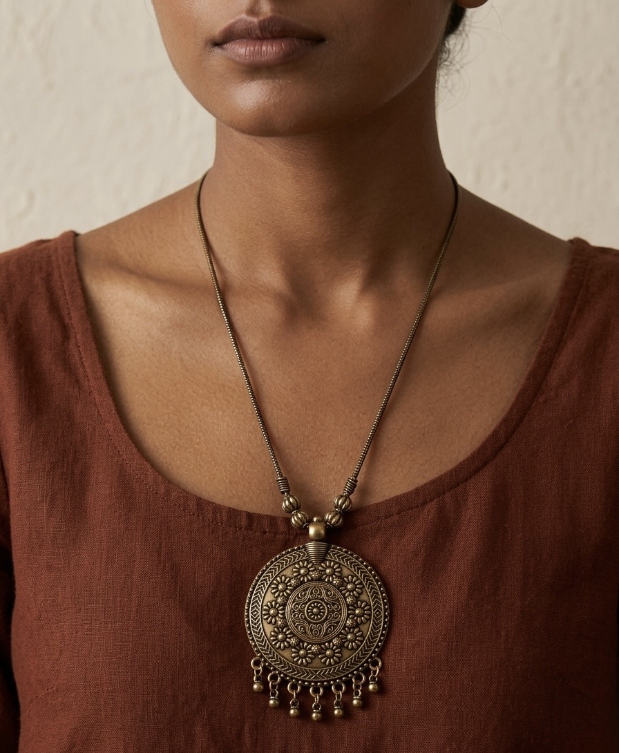 Antique Brass-Plated Statement Medallion Necklace with Floral Design & Charms