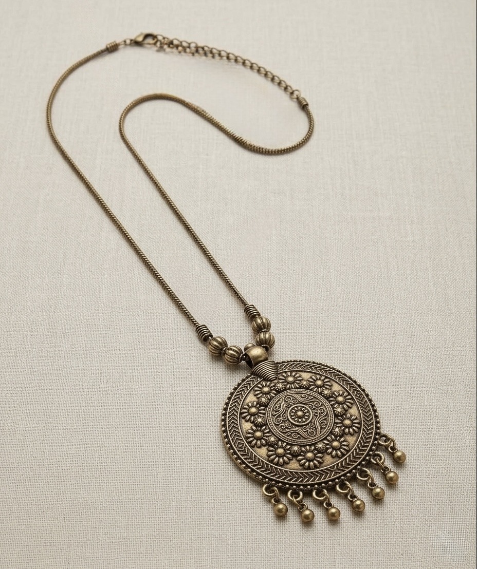 Antique Brass-Plated Statement Medallion Necklace with Floral Design & Charms - Image 2