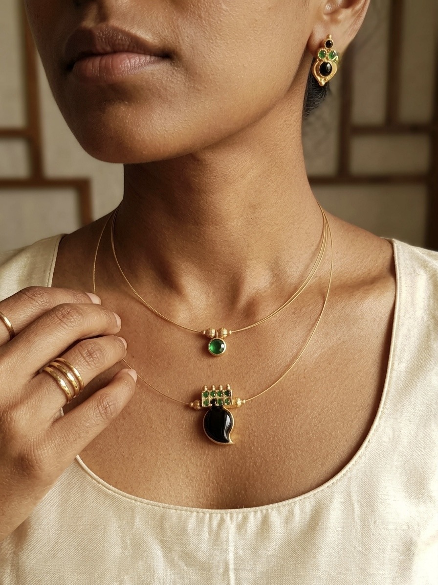 Aavya Emerald & Black Onyx Handcrafted Gold Wire Layered Necklace Set with Matching Earrings - Image 4