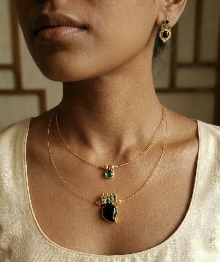 Aavya Emerald & Black Onyx Handcrafted Gold Wire Layered Necklace Set with Matching Earrings - Image 2