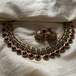 Antique Gold-Finish South Indian Choker Necklace with Matching Jhumka Earrings | Ruby & Emerald Kemp Stone Bridal Jewelry Set