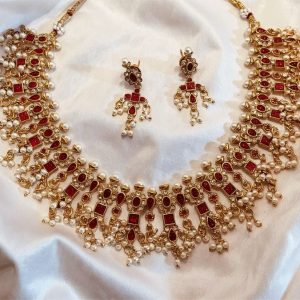 Antique Gold-Plated Ruby Red Kundan Choker Necklace Set with Pearl Drops & Matching Chandbali Earrings | Traditional Indian Bridal Jewelry for Women