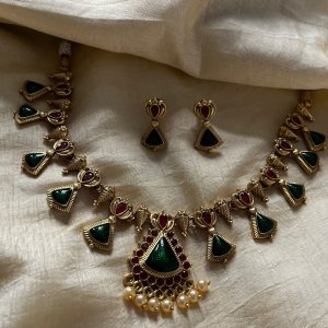 Antique Gold-Plated Kemp Stone Necklace Set with Emerald Green & Ruby Red Accents | Traditional Indian Temple Jewelry with Pearl Droplets