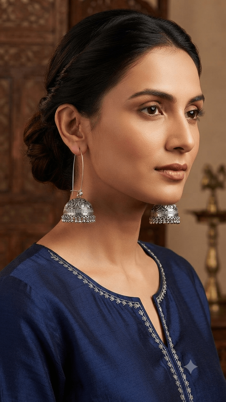 Elegant Floral Dome Jhumkas – Silver Tone