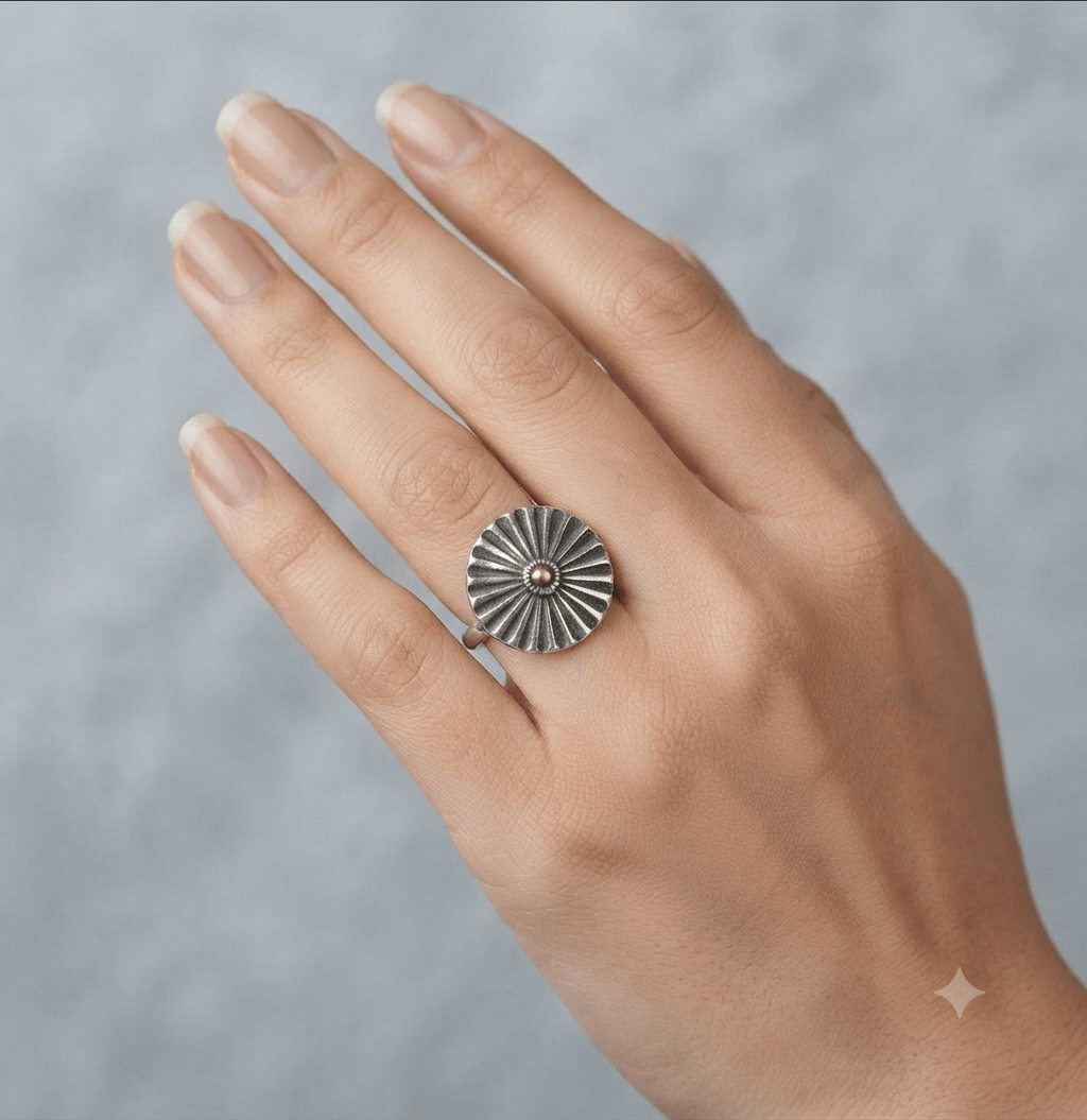Radial Sunburst Adjustable Ring – Silver Tone