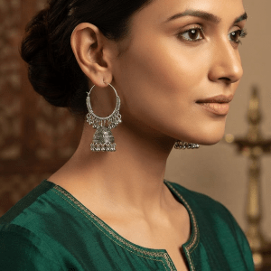 Intricate Jhumka-Hoop Fusion Earrings – Oxidized Silver Tone