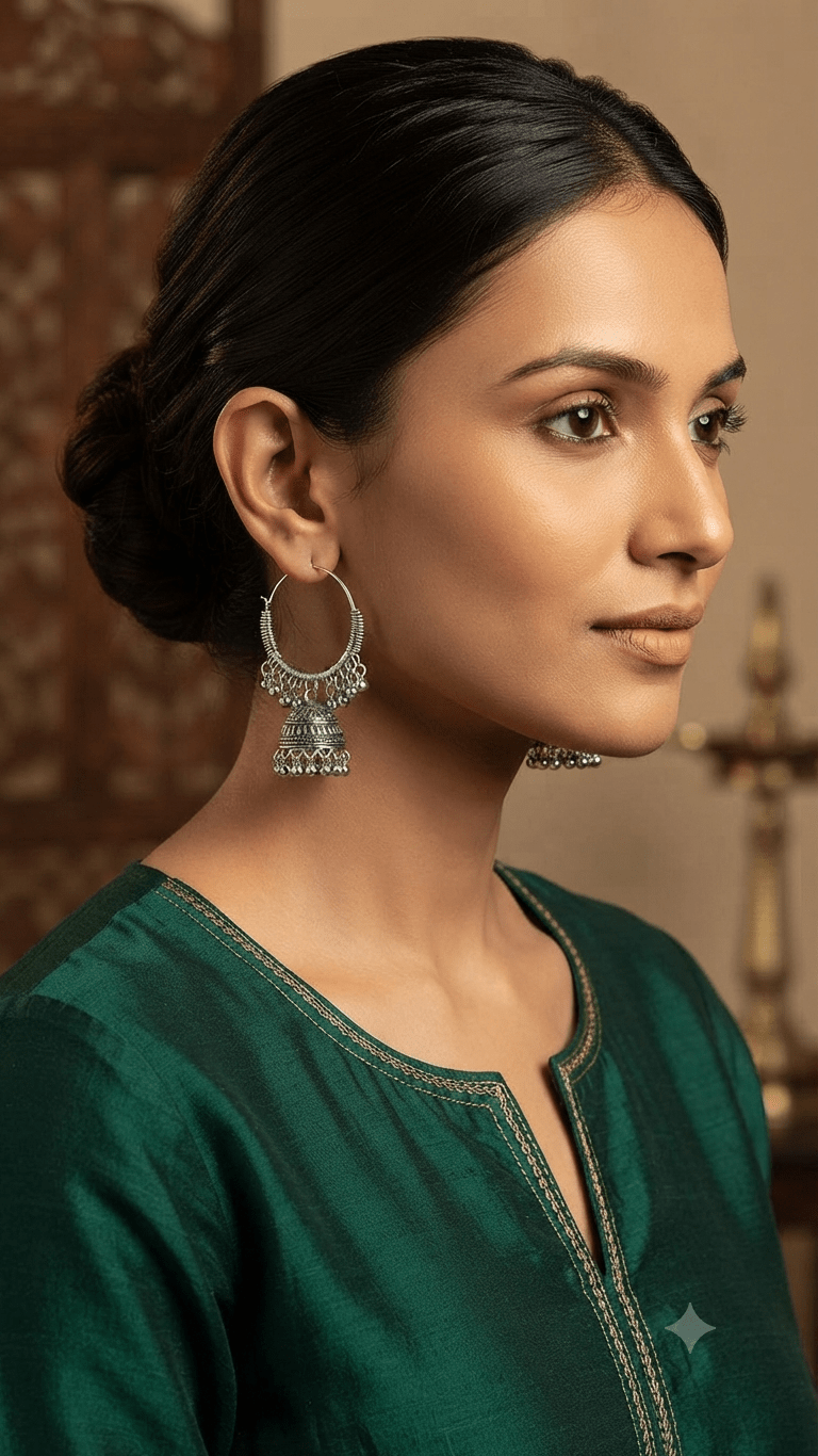 Intricate Jhumka-Hoop Fusion Earrings – Oxidized Silver Tone