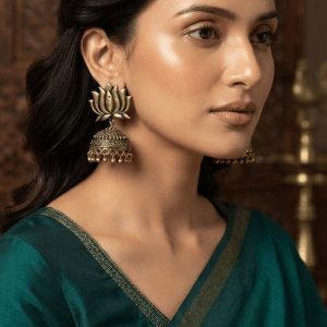Antique Gold-Toned Lotus Jhumka Earrings – Matte Finish