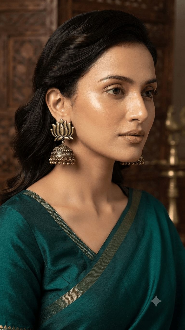 Antique Gold-Toned Lotus Jhumka Earrings – Matte Finish