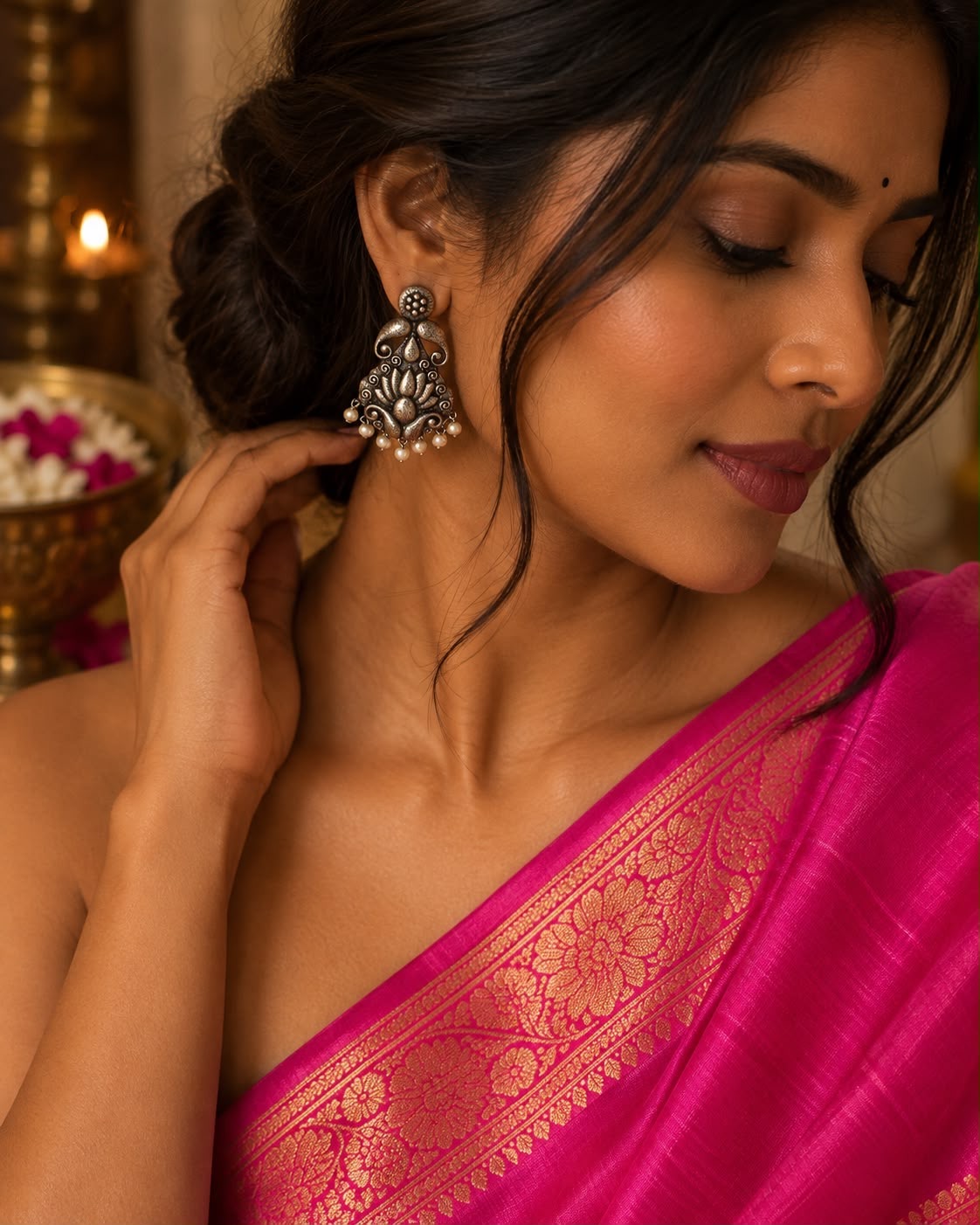 Antique Lotus Jhumka Earrings - Image 2